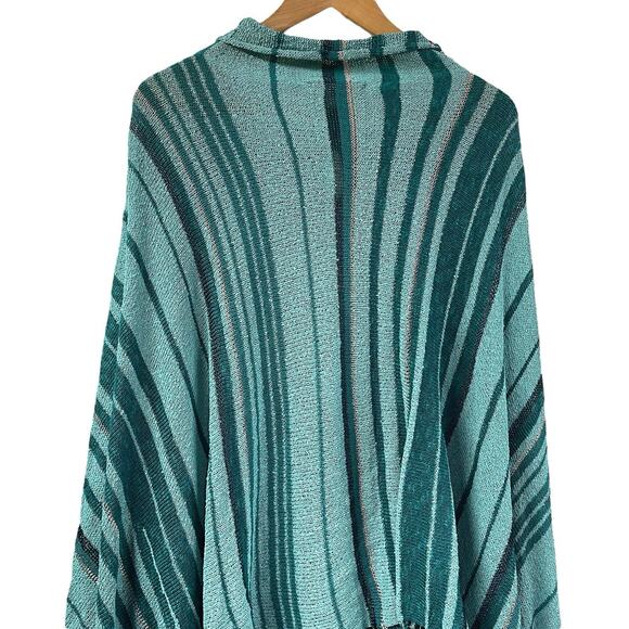 Knit Striped Blue Poncho OS Barbara Who? Fringe Lagenlook - Picture 10 of 10